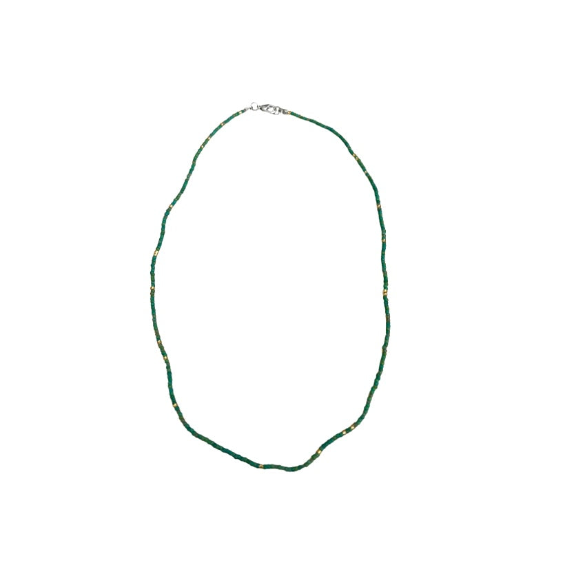Seed Bead Necklace Long - Green and Gold