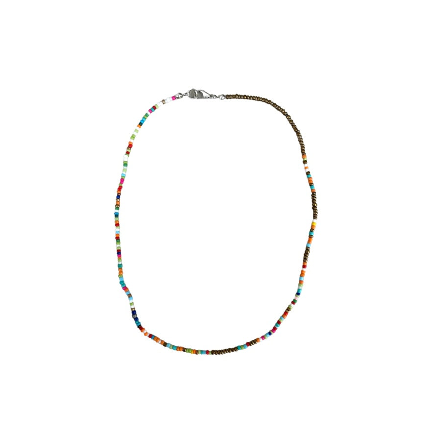 Seed Bead Necklace Short - Bright Multicolour with Bronze