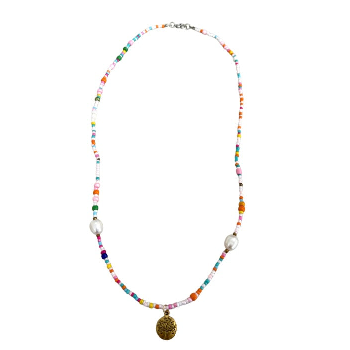 Seed Bead Necklace with Pearls and Charm - Multicolour