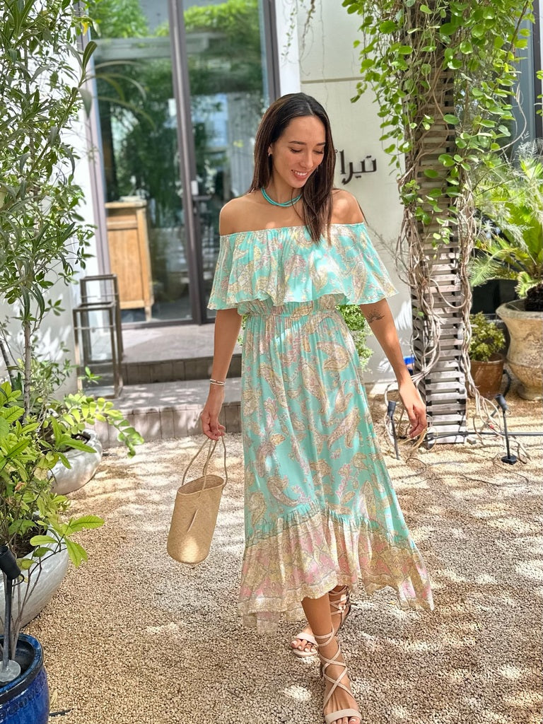Double Frill Dress - Aqua Paisley