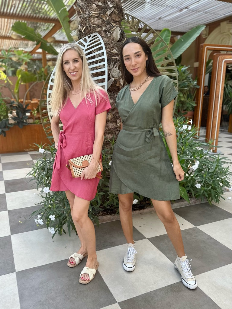 Short Linen Wrap Dress - Khaki