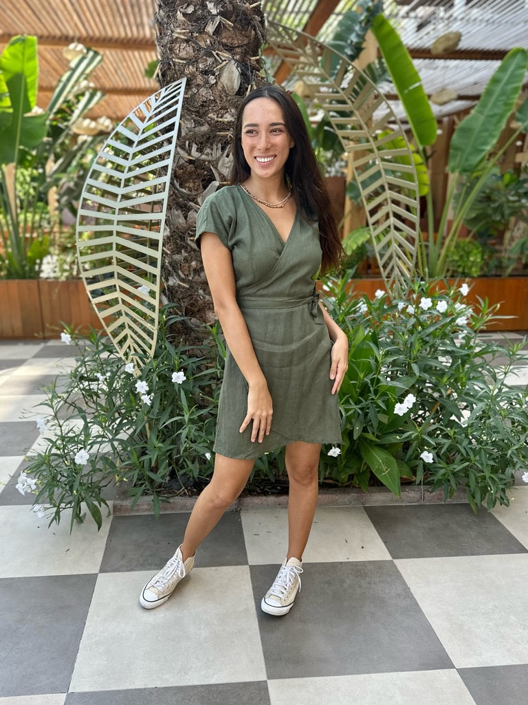 Short Linen Wrap Dress - Khaki