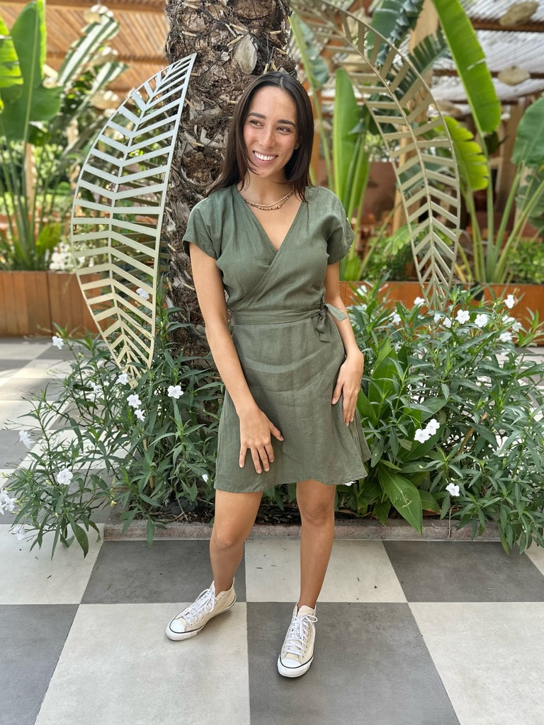 Short Linen Wrap Dress - Khaki