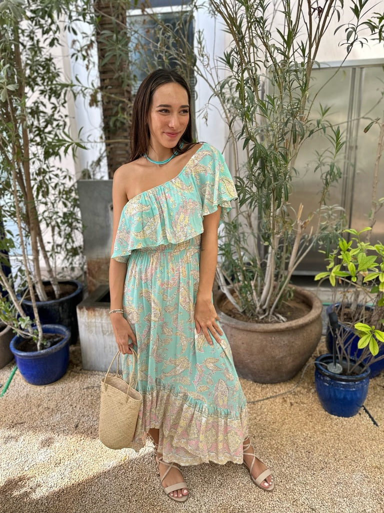 Double Frill Dress - Aqua Paisley