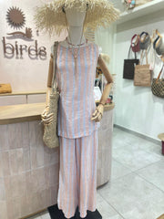 Hazel Top - Blue Stripe Crinkle Linen