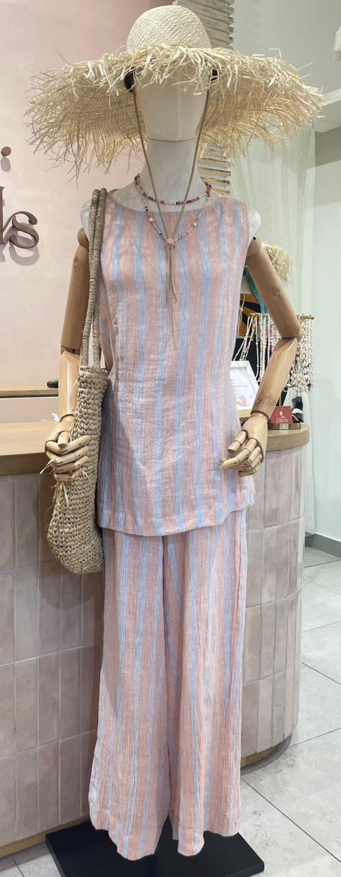 Hazel Top - Blue Stripe Crinkle Linen