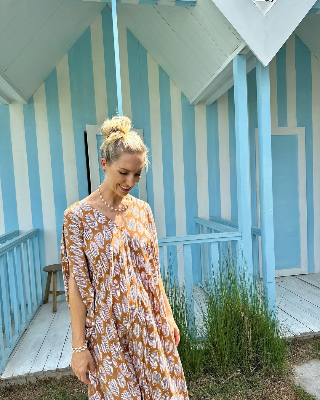 V Neck Kaftan - Brown Leaf