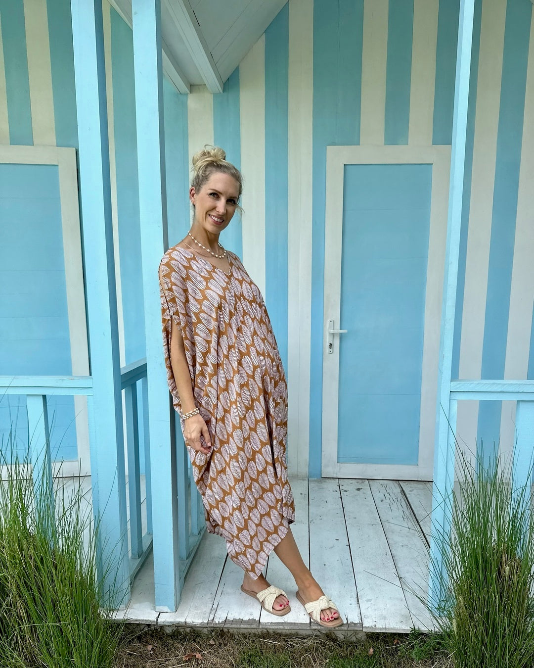 V Neck Kaftan - Brown Leaf