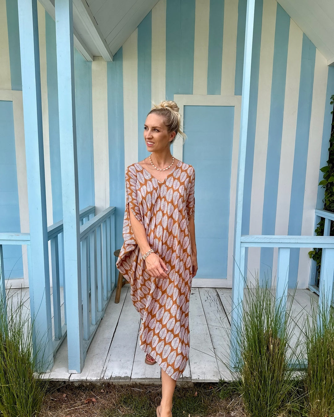 V Neck Kaftan - Brown Leaf