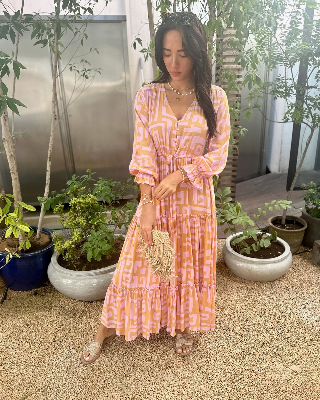 Marnie Dress - Geometric Print Pink and Tan