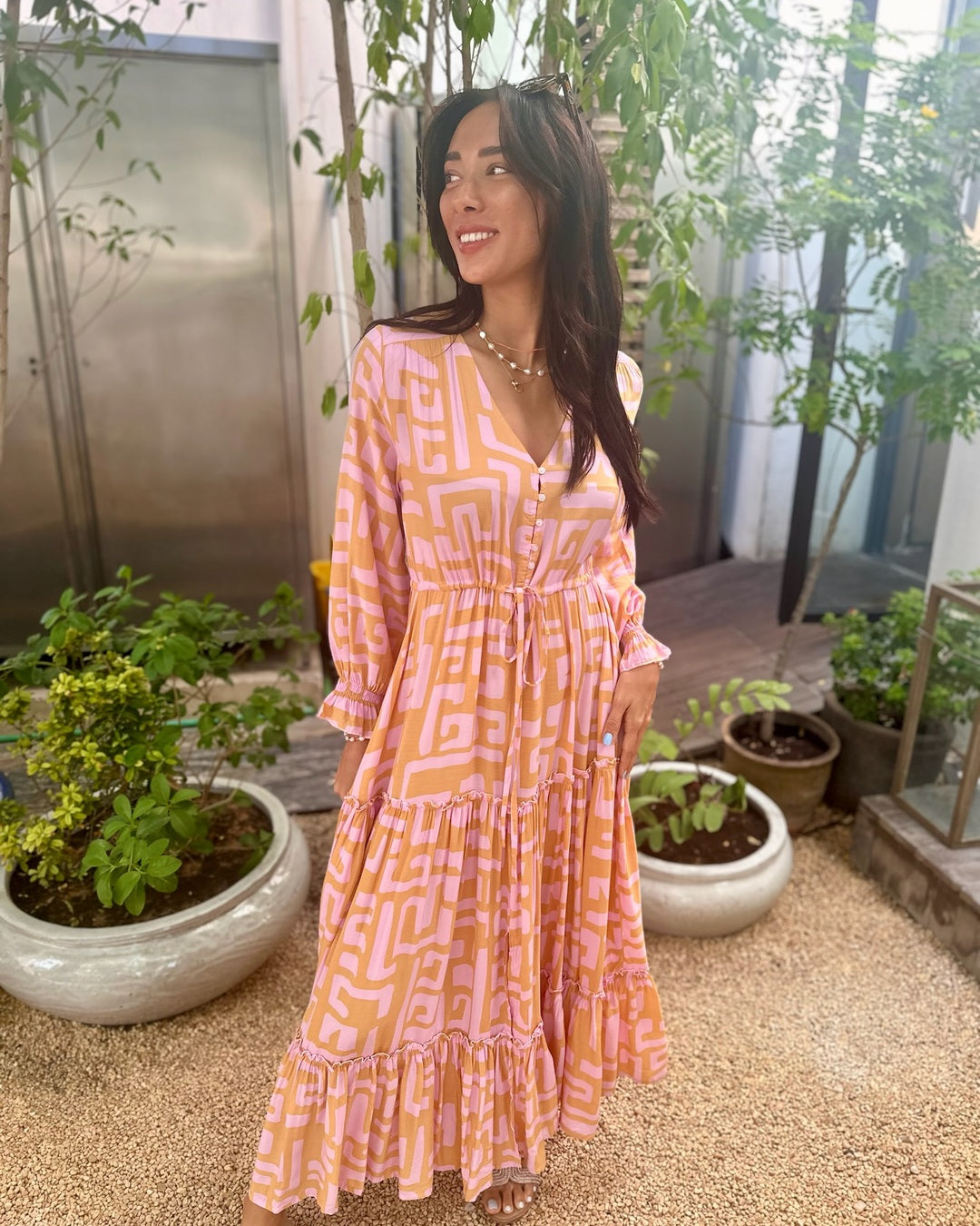 Marnie Dress - Geometric Print Pink and Tan
