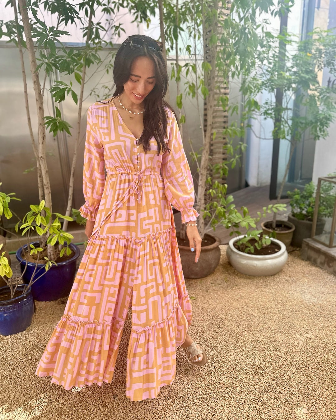 Marnie Dress - Geometric Print Pink and Tan