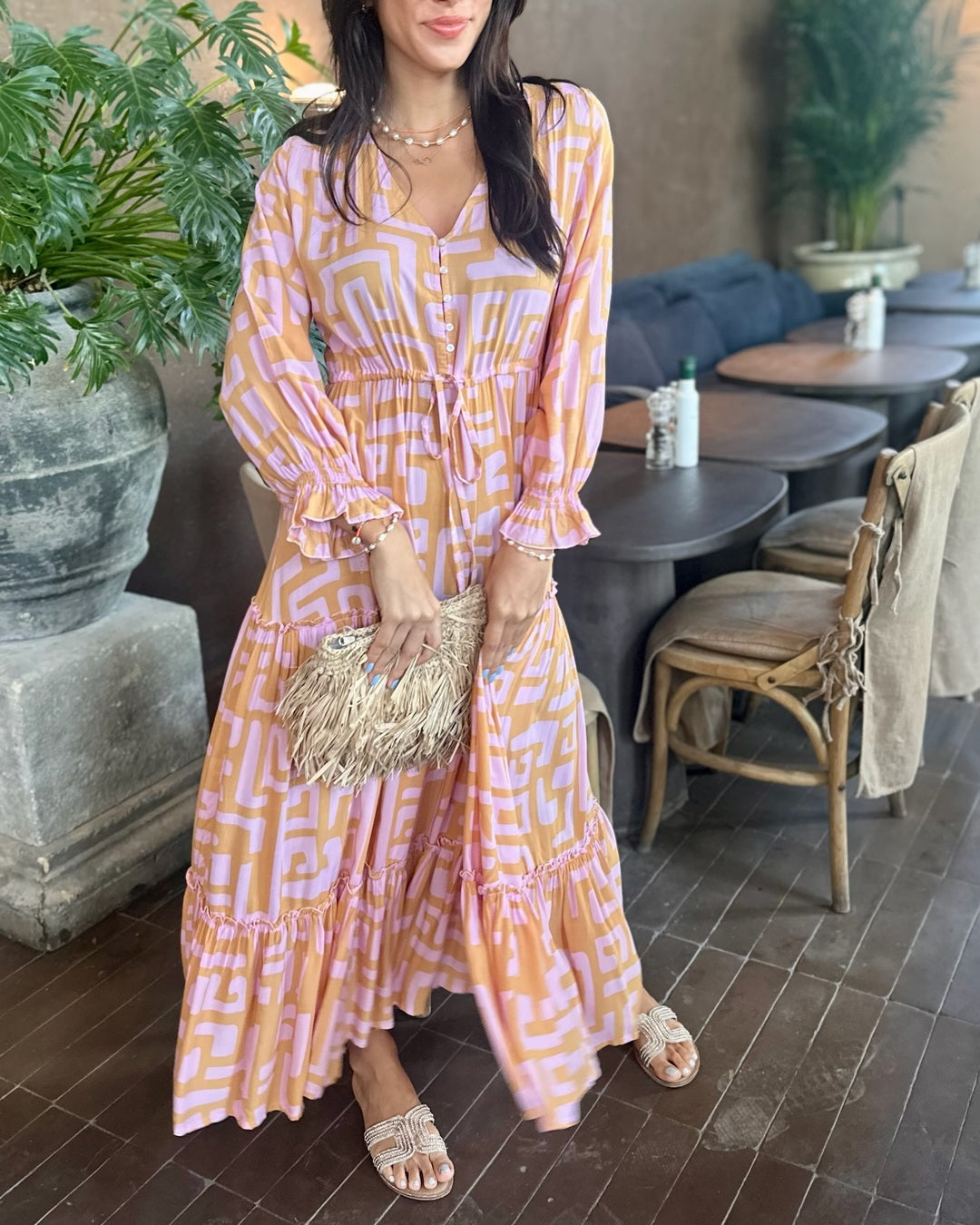 Marnie Dress - Geometric Print Pink and Tan