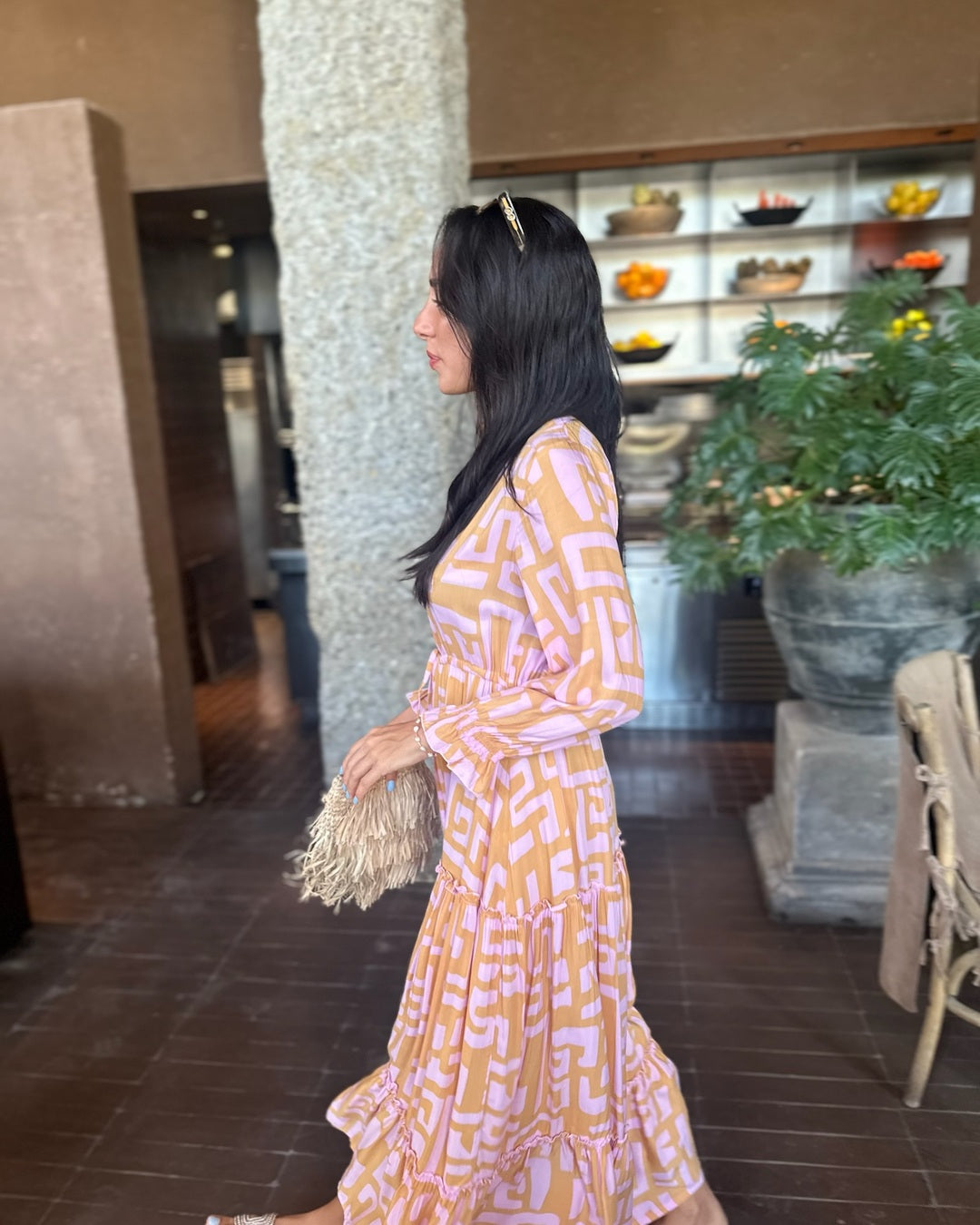 Marnie Dress - Geometric Print Pink and Tan