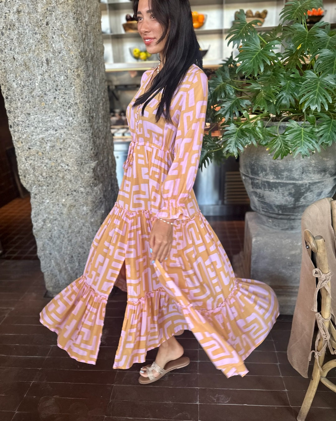 Marnie Dress - Geometric Print Pink and Tan