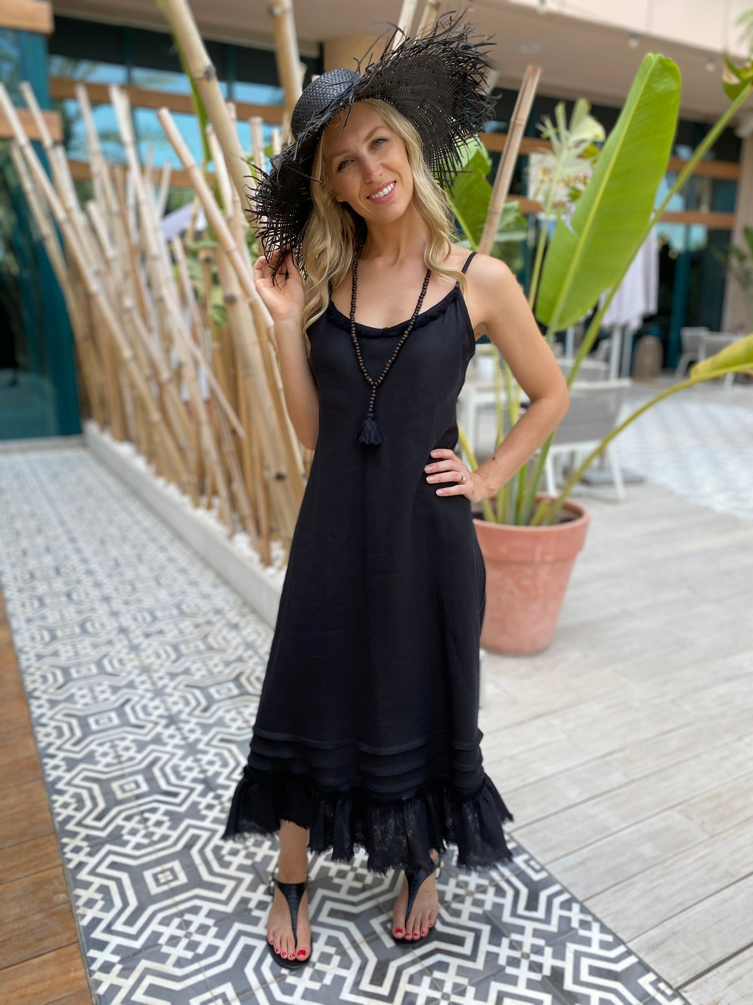 Linen Fray Dress -Black Long