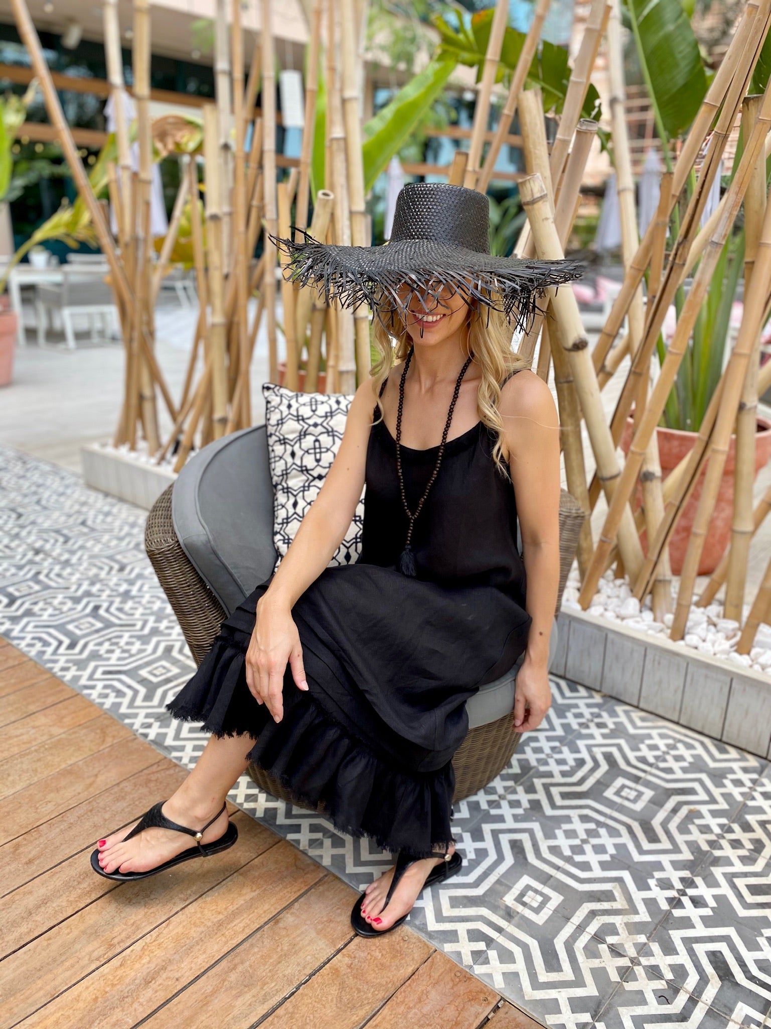 Linen Fray Dress -Black Long