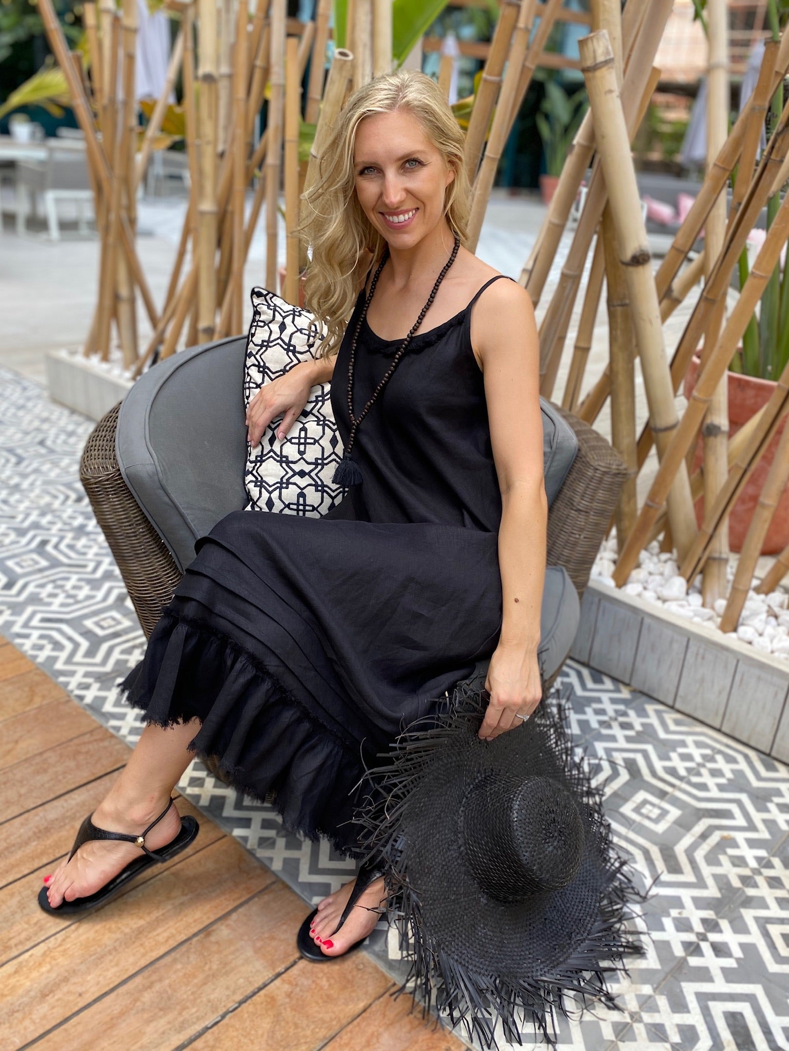 Linen Fray Dress -Black Long