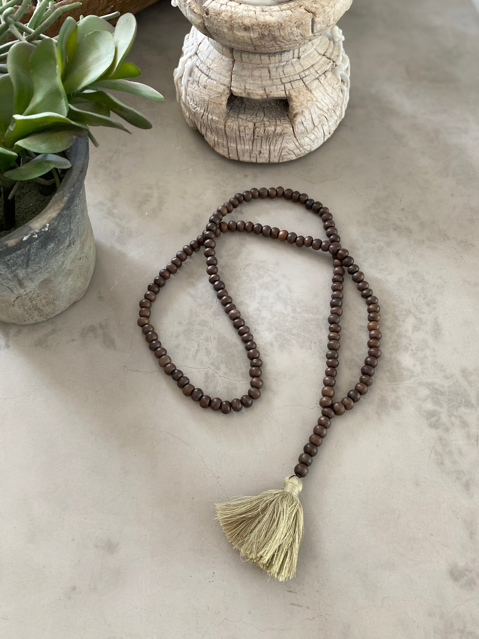 Dark Wooden Bead Tassel - Sage