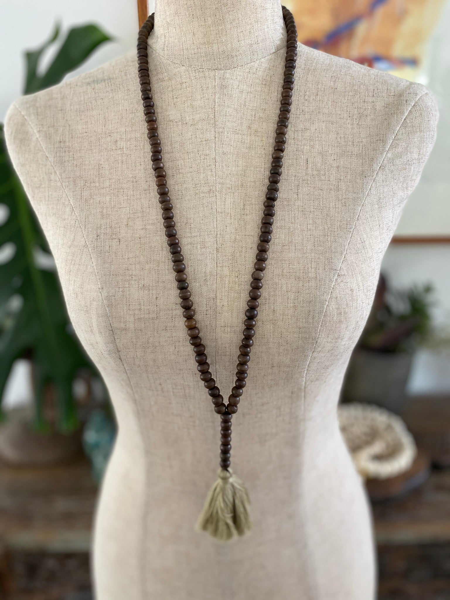 Dark Wooden Bead Tassel - Sage