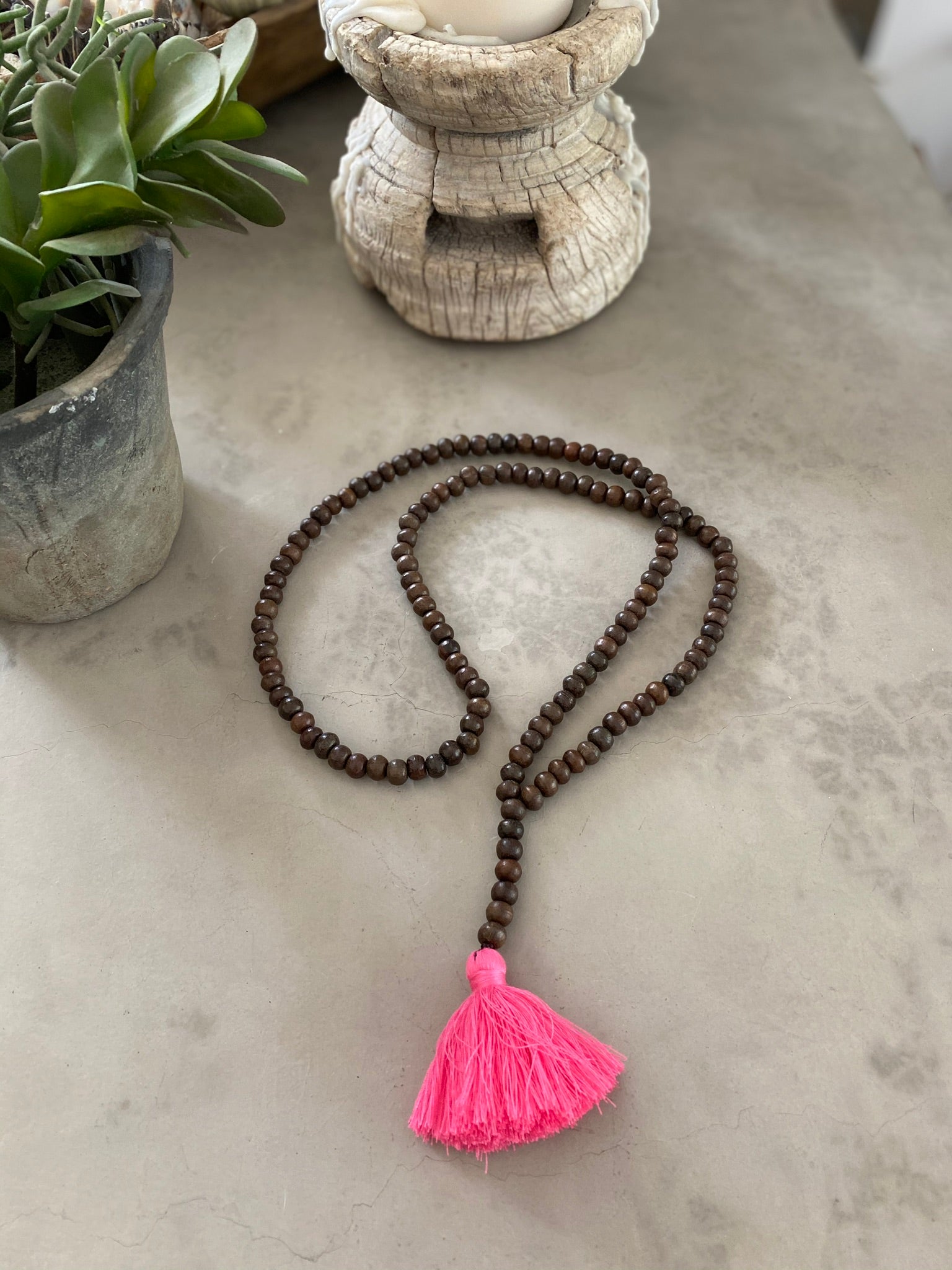 Dark Wooden Bead Tassel - Bright Pink