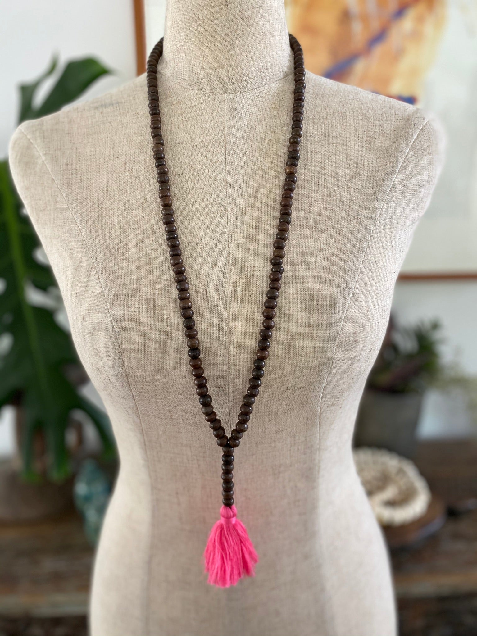 Dark Wooden Bead Tassel - Bright Pink
