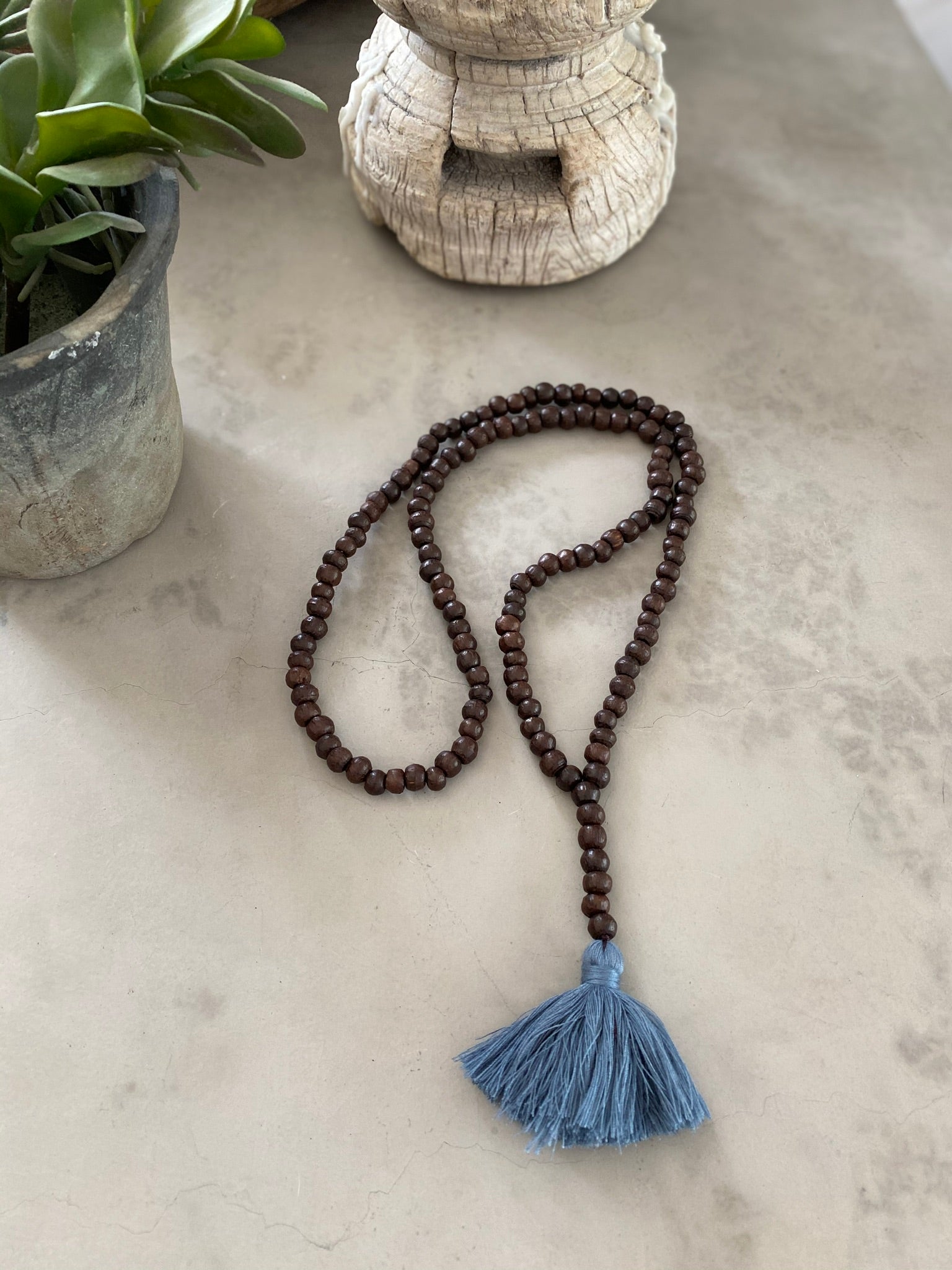 Dark Wooden Bead Tassel - Steel Blue