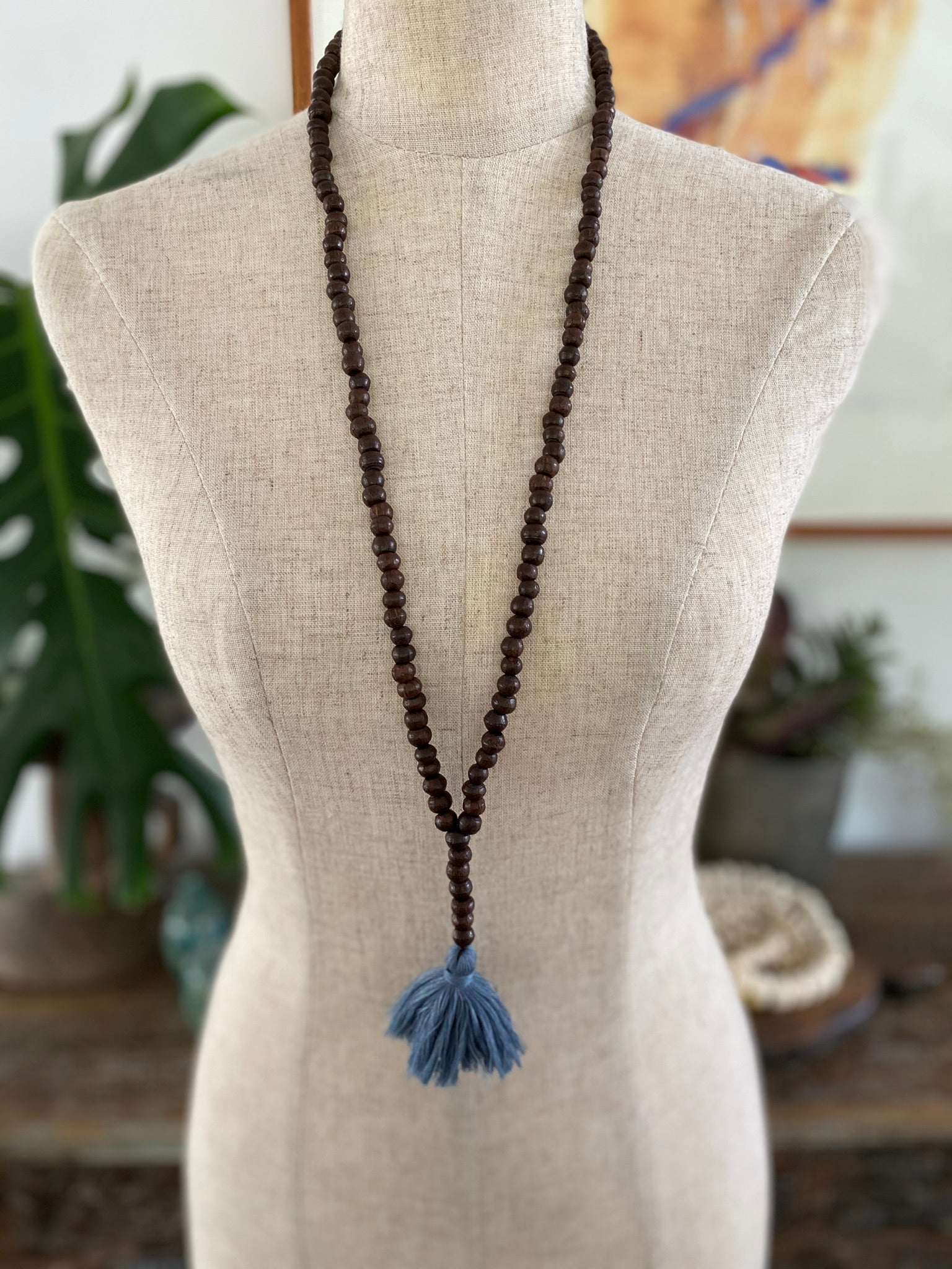 Dark Wooden Bead Tassel - Steel Blue