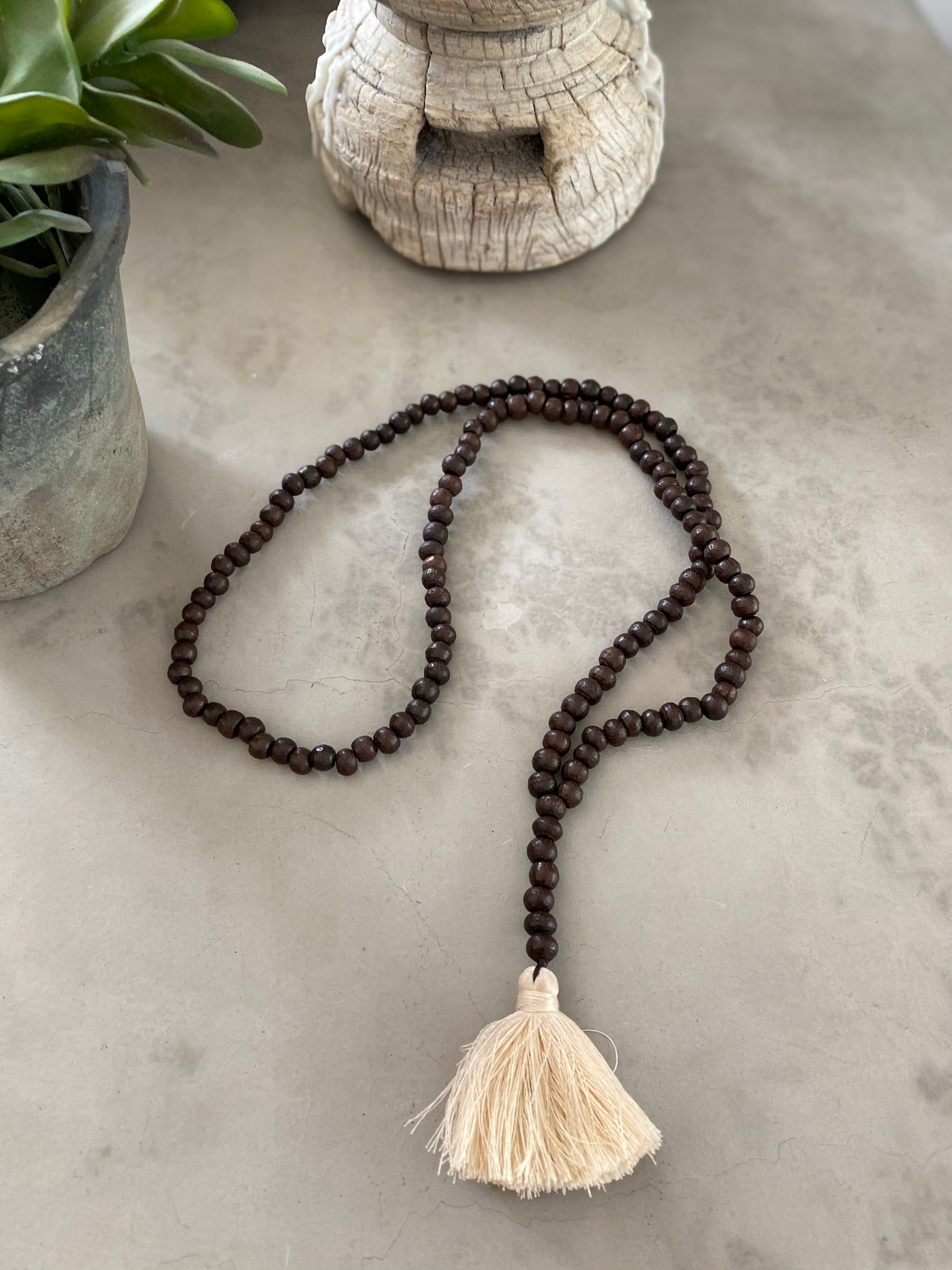 Dark Wooden Bead Tassel - Cream