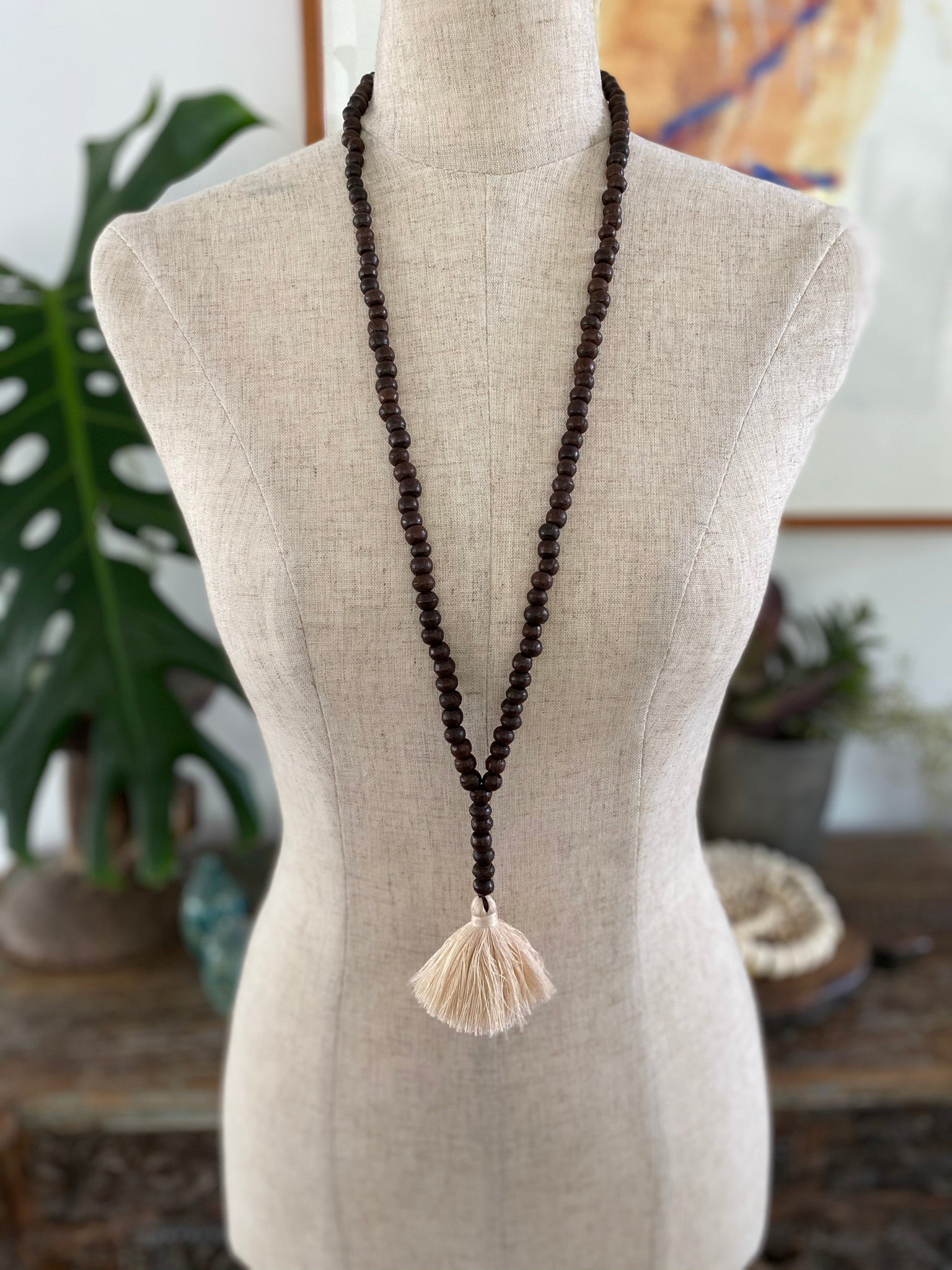 Dark Wooden Bead Tassel - Cream