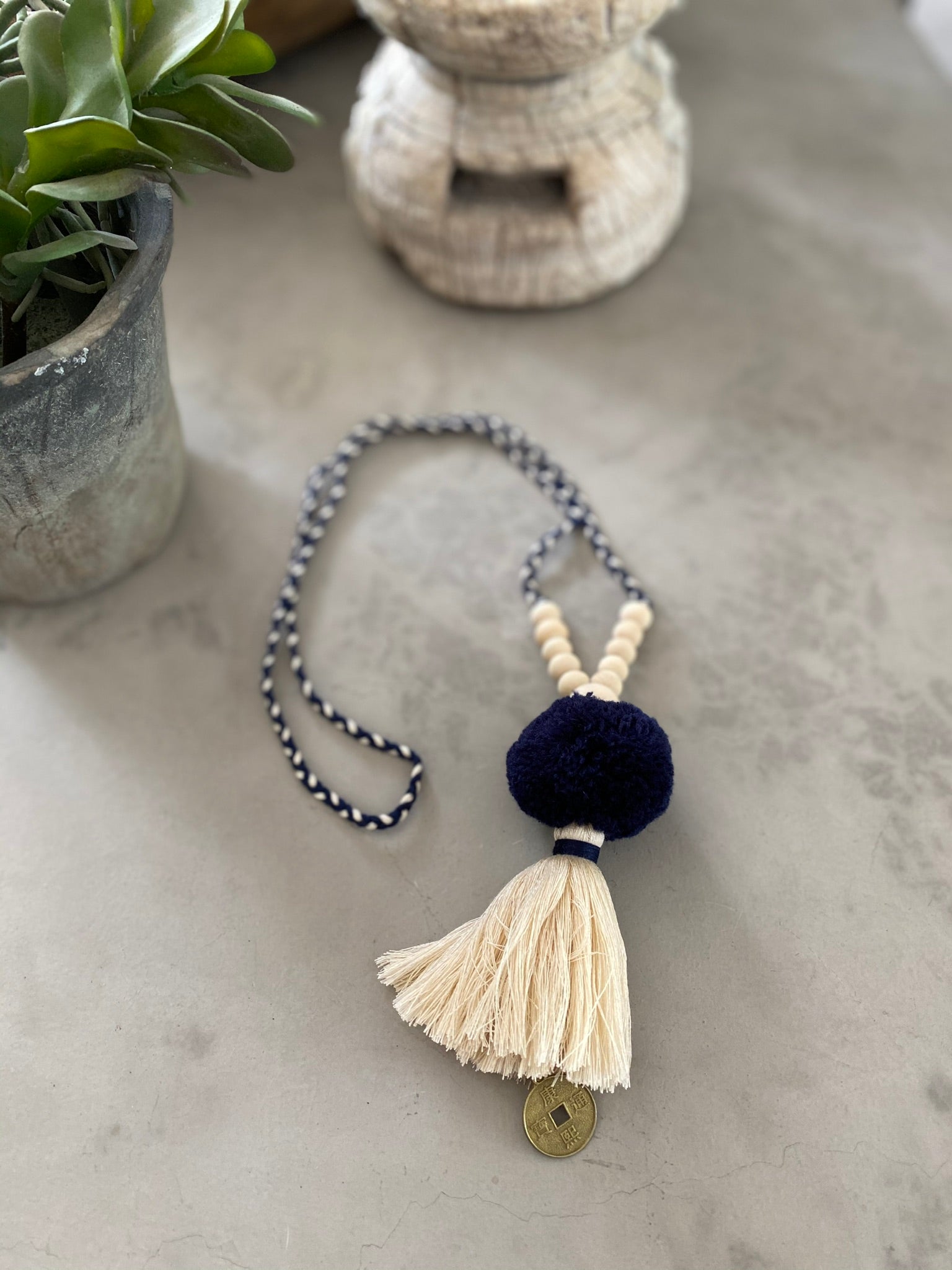 Pompom Tassel Necklace - Navy