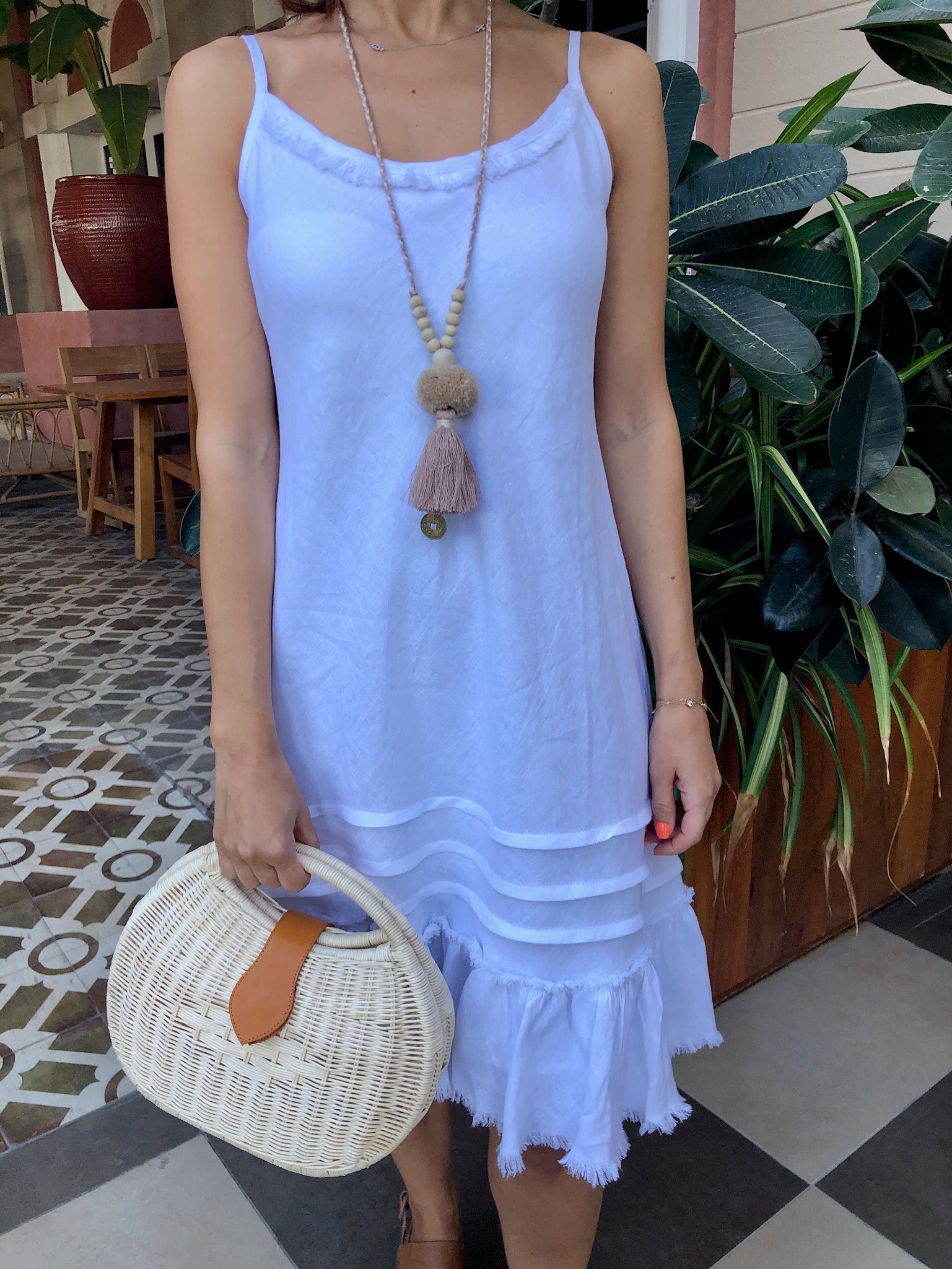 Linen Fray Dress - Cropped White