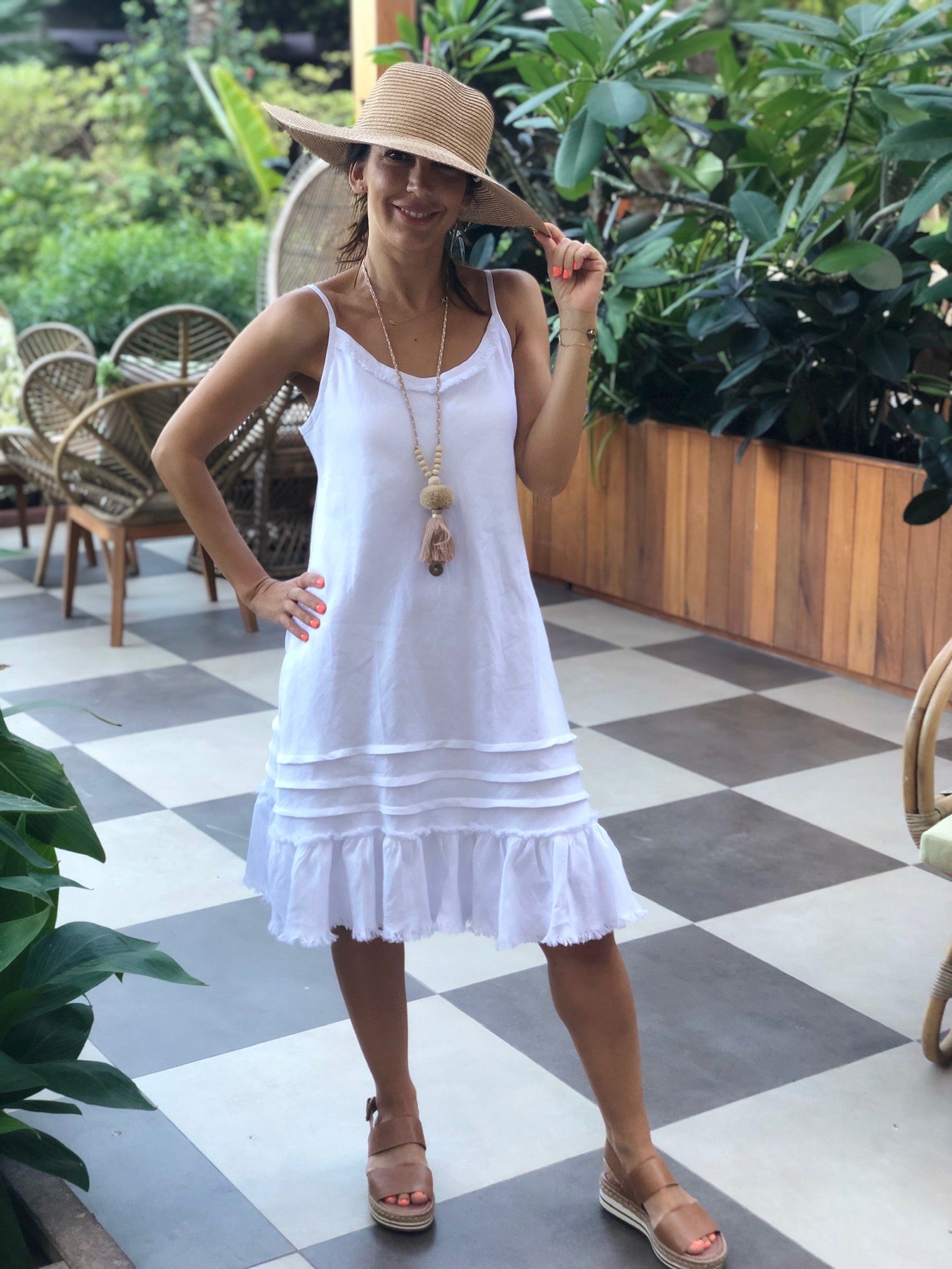 Linen Fray Dress - Cropped White