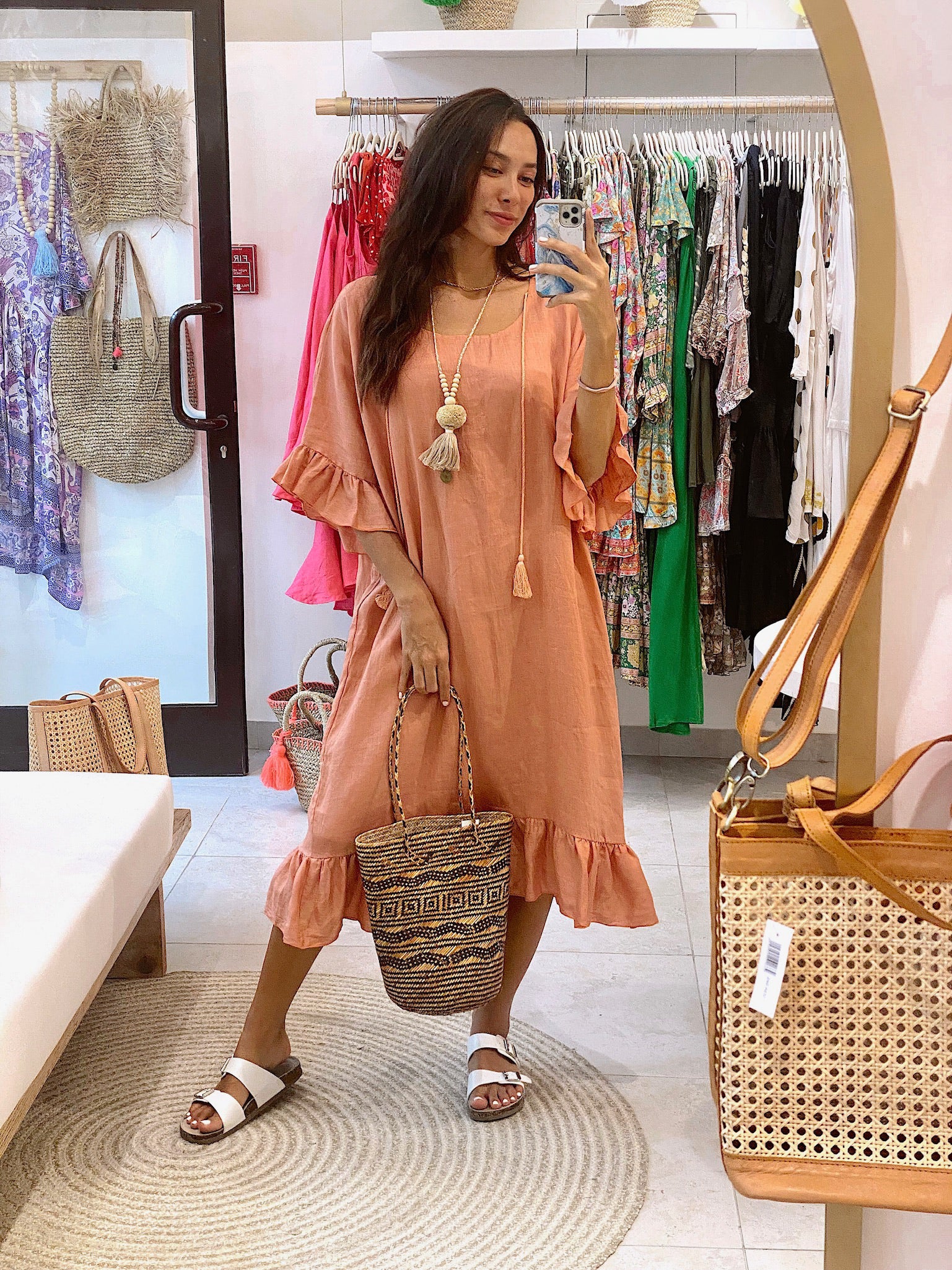 Linen Frill Dress with slip - Cinnamon
