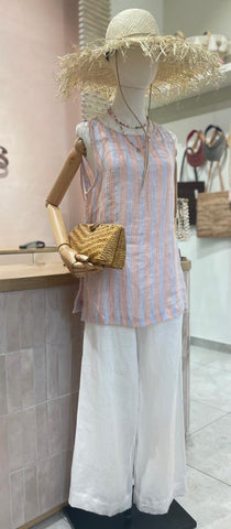 Hazel Top - Blue Stripe Crinkle Linen