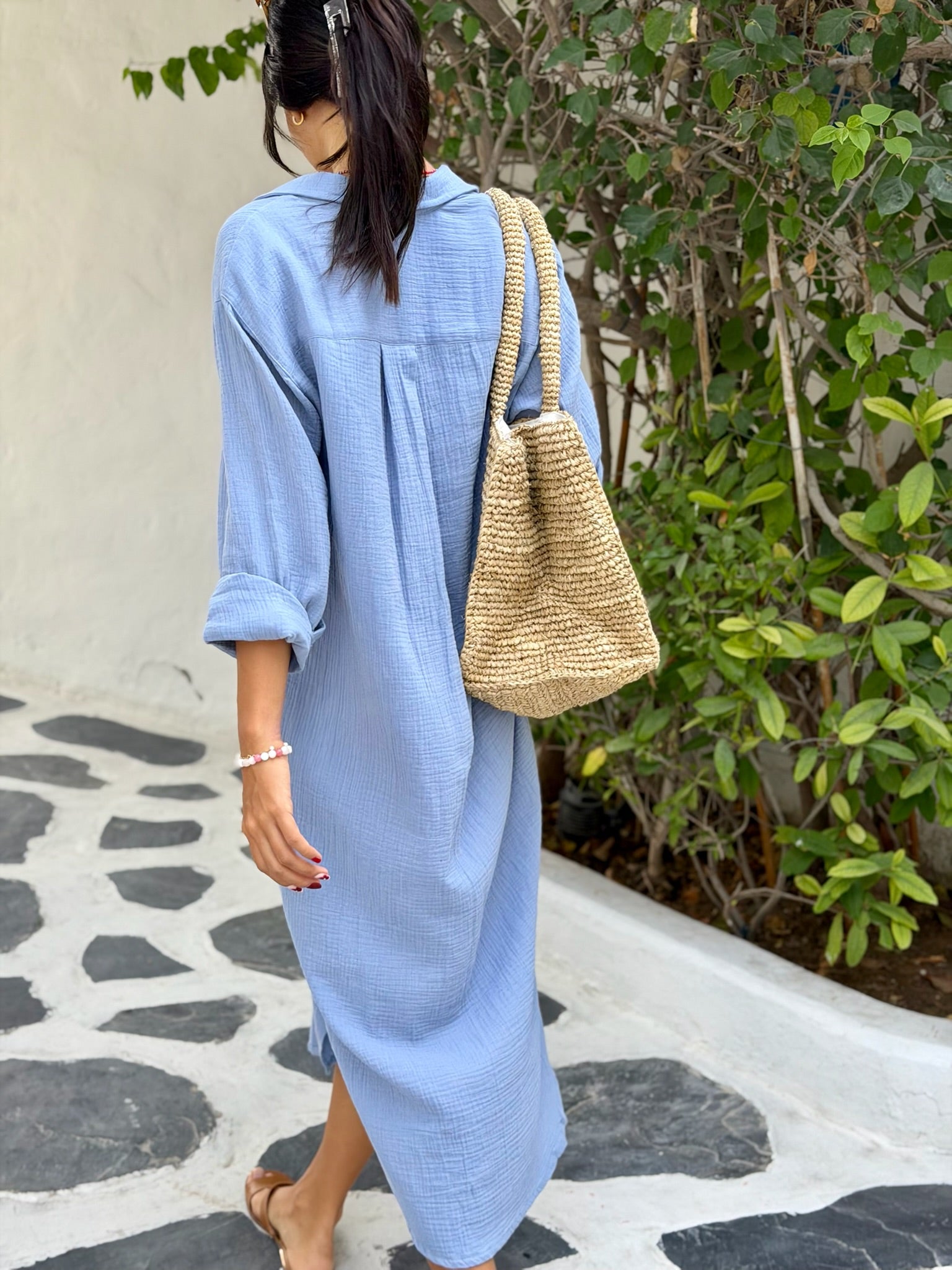 Long Sleeve Double Cotton Shirt Dress - Soft Blue