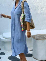 Long Sleeve Double Cotton Shirt Dress - Soft Blue