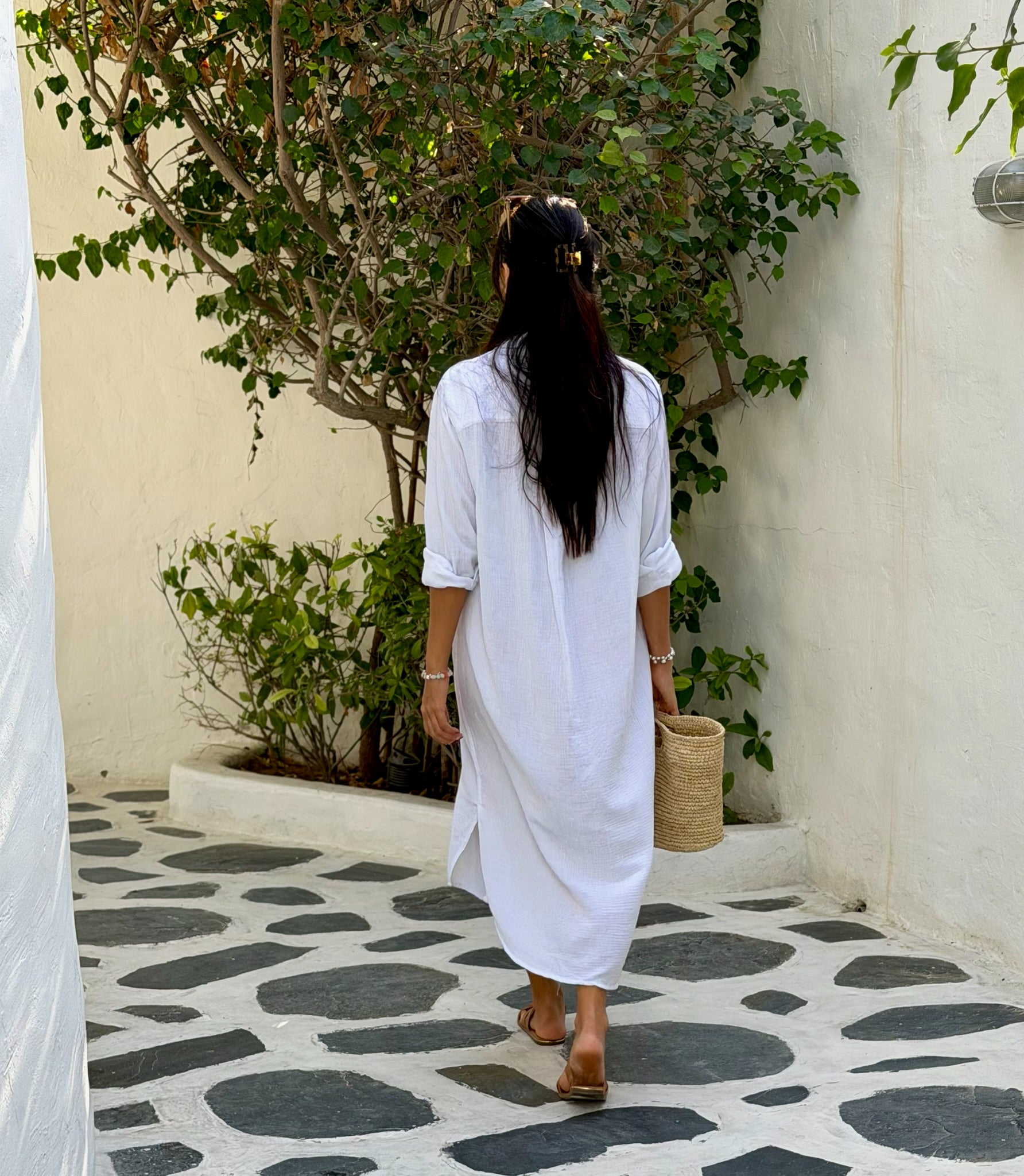 Long Sleeve Double Cotton Shirt Dress - White