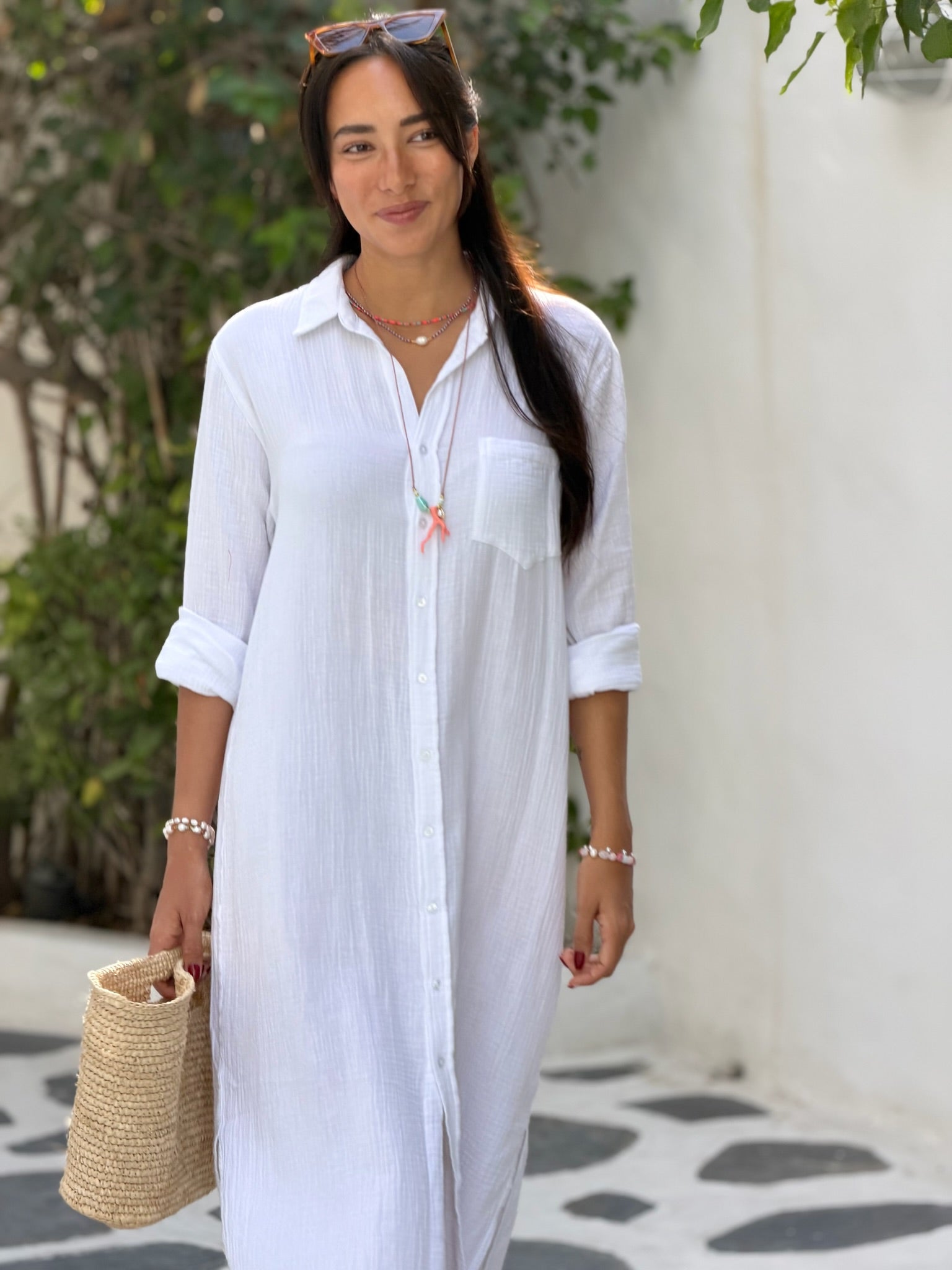 Long Sleeve Double Cotton Shirt Dress - White