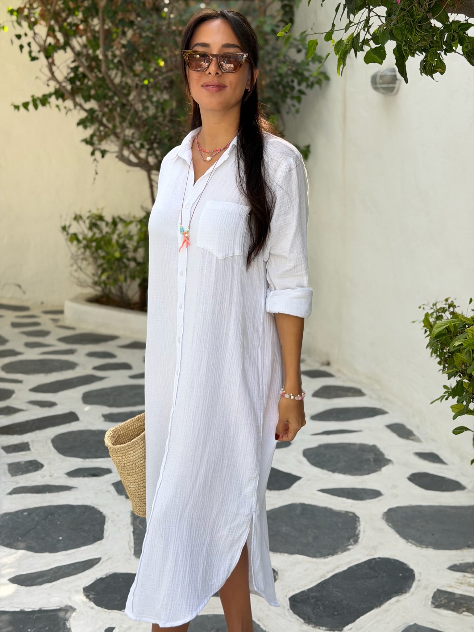 Long Sleeve Double Cotton Shirt Dress - White