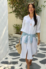 Long Sleeve Double Cotton Shirt Dress - White