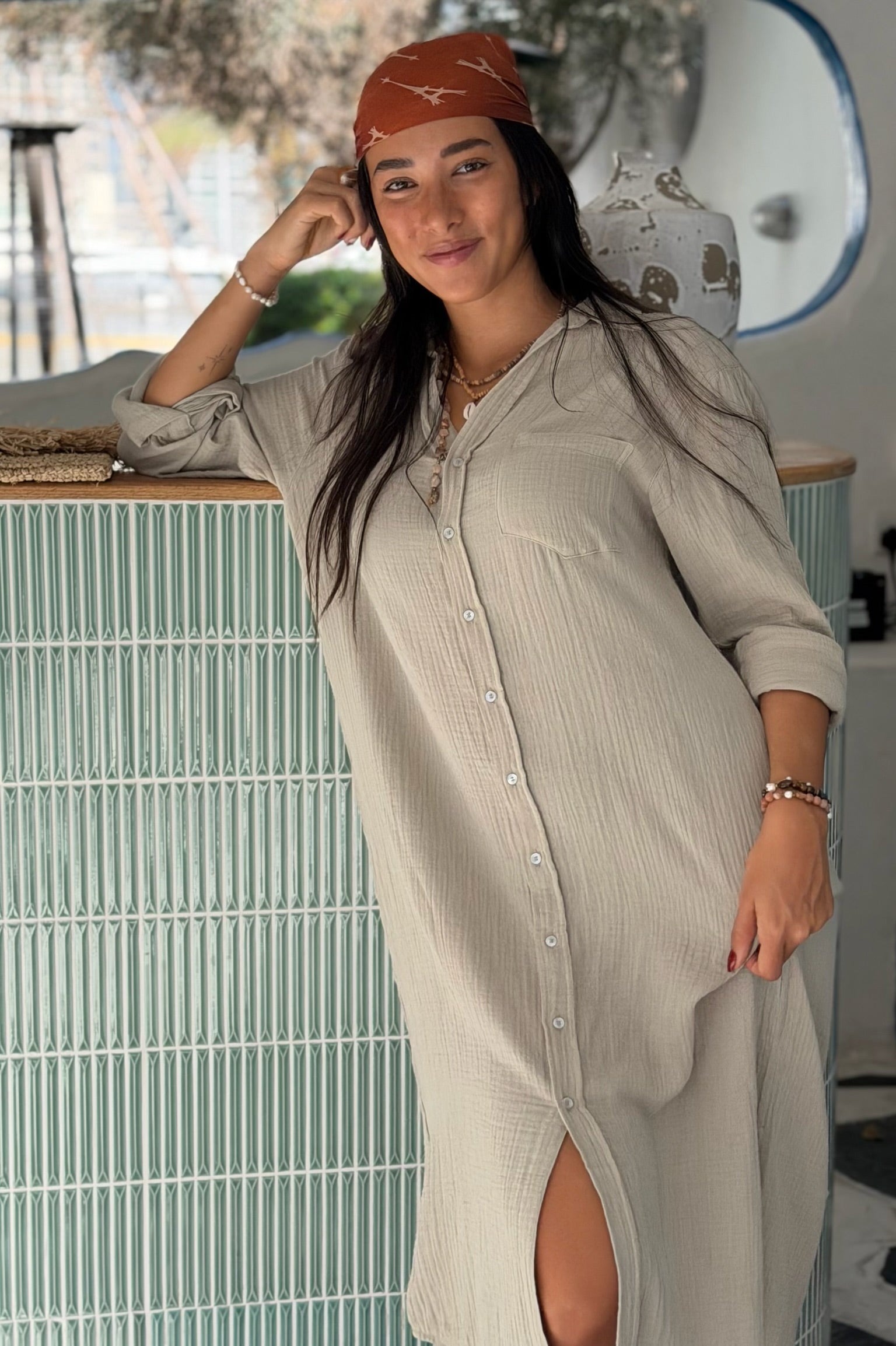 Long Sleeve Double Cotton Shirt Dress - Stone