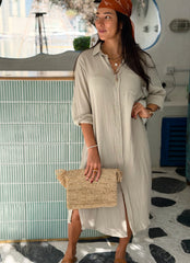 Long Sleeve Double Cotton Shirt Dress - Stone