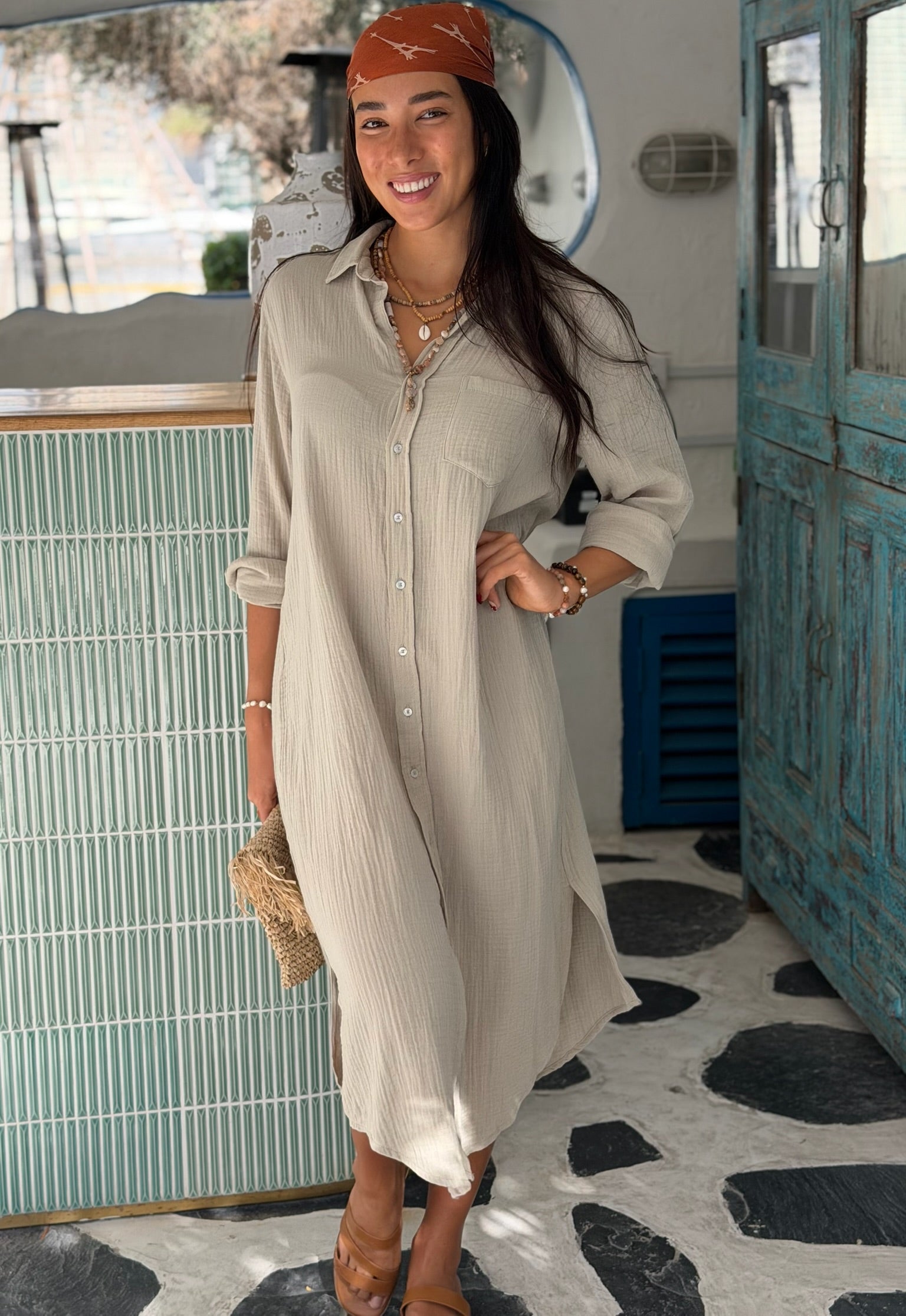 Long Sleeve Double Cotton Shirt Dress - Stone