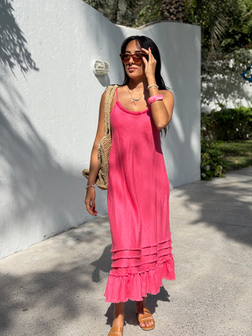 Linen Fray Dress Long - Raspberry