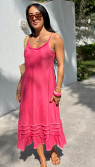 Linen Fray Dress Long - Raspberry