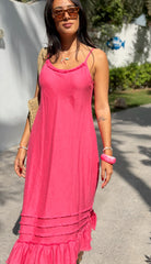 Linen Fray Dress Long - Raspberry