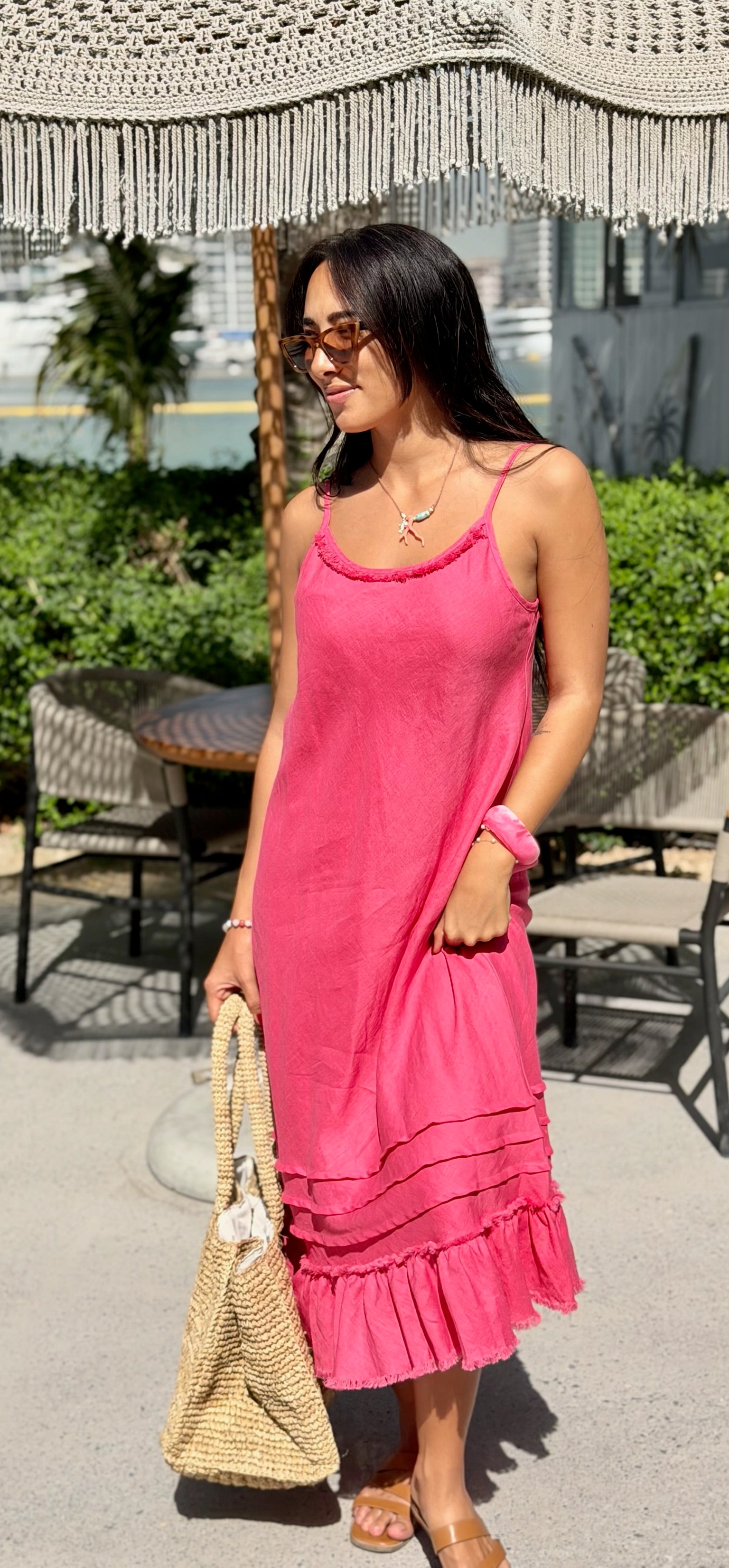 Linen Fray Dress Long - Raspberry