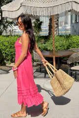 Linen Fray Dress Long - Raspberry