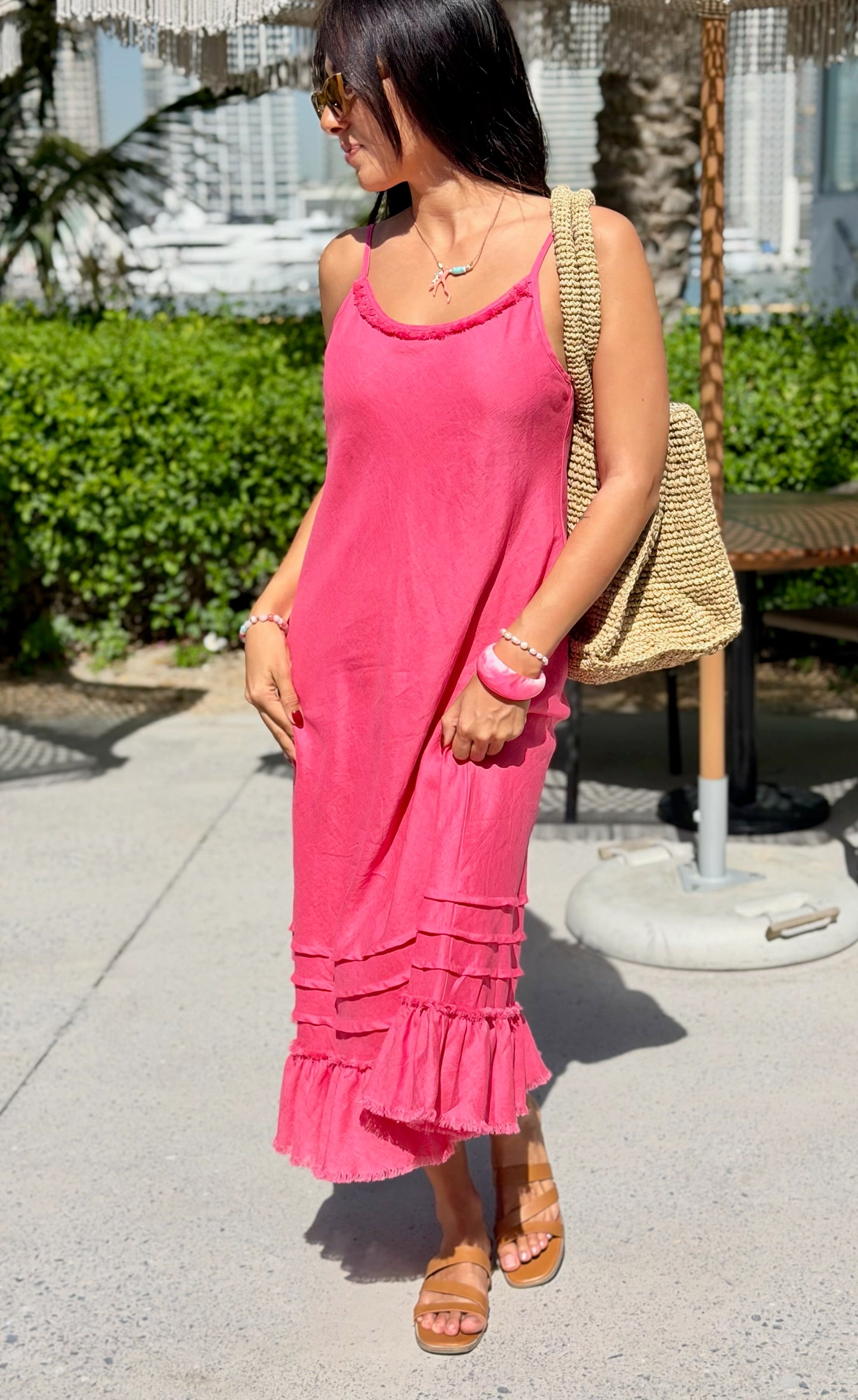 Linen Fray Dress Long - Raspberry